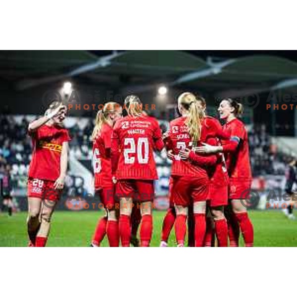 Cecilie Larsen and Karen Linnebjerg Knudsen celebrate goal during UEFA Women’s Europa Cup football match between ZNK Mura Nona (SLO) and FC Nordsjaelland (DEN) in Fazanerija, Murska Sobota, Slovenia on November 19, 2025. Photo: Jure Banfi