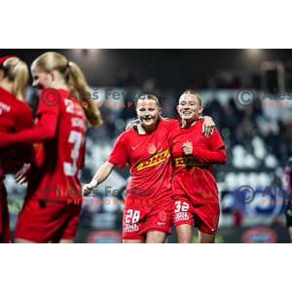 Cecilie Larsen and Astrid Engsig Karup celebrate goal during UEFA Women’s Europa Cup football match between ZNK Mura Nona (SLO) and FC Nordsjaelland (DEN) in Fazanerija, Murska Sobota, Slovenia on November 19, 2025. Photo: Jure Banfi