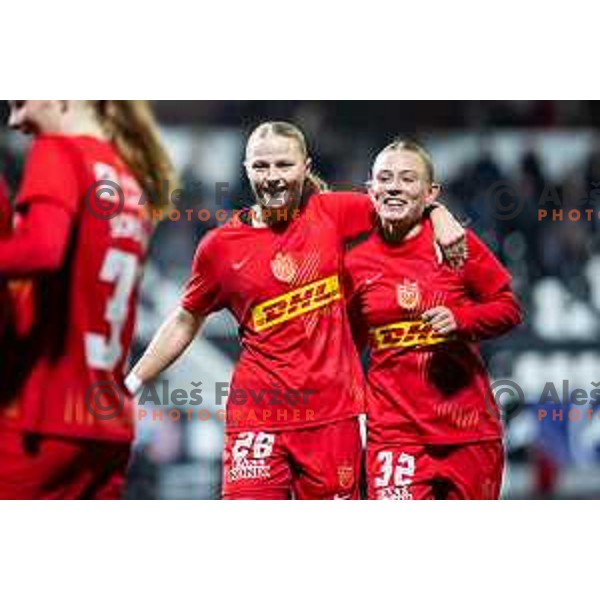 Cecilie Larsen and Astrid Engsig Karup celebrate goal during UEFA Women’s Europa Cup football match between ZNK Mura Nona (SLO) and FC Nordsjaelland (DEN) in Fazanerija, Murska Sobota, Slovenia on November 19, 2025. Photo: Jure Banfi