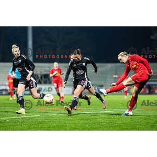 Zala Vindisar and Tija Sostaric in action during UEFA Women’s Europa Cup football match between ZNK Mura Nona (SLO) and FC Nordsjaelland (DEN) in Fazanerija, Murska Sobota, Slovenia on November 19, 2025. Photo: Jure Banfi
