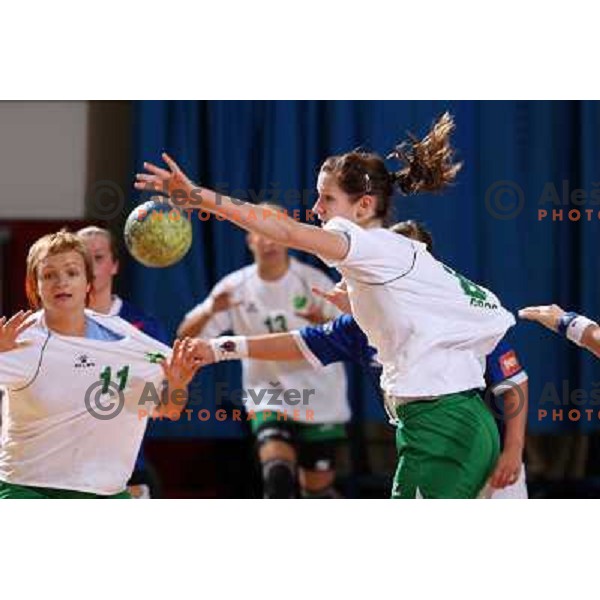 Cerenjak (11) and Gros at handball match RK Olimpija(Slovenia) - Fram (Iceland) in Women\'s Challenge Cup, played in Ljubljana 9.11.2008. RK Olimpija won 36:27 and advanced to next round 