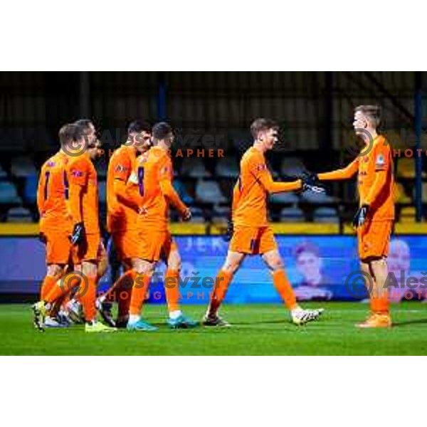 Ivica Vidovic and players of Celje celebrate goal during Prva liga Telemach 2025/2026 football match between Domzale and Celje in Domzale, Slovenia on November 22, 2025. Photo: Filip Barbalic