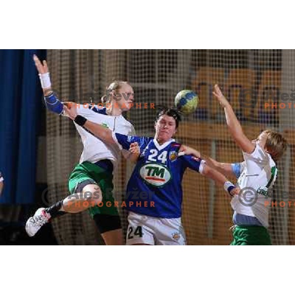 Skutnik, Nevarilova (24) and Cerenjak at handball match RK Olimpija(Slovenia) - Fram (Iceland) in Women\'s Challenge Cup, played in Ljubljana 9.11.2008. RK Olimpija won 36:27 and advanced to next round 