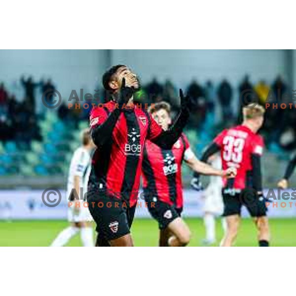 Roger Andretty Murillo Soto and players of Primorje celebrate a goal during Prva liga Telemach 2025/2026 football match between Primorje and Mura in Ajdovscina, Slovenia on November 23 , 2025