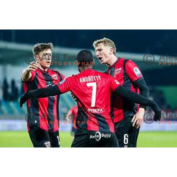 Roger Andretty Murillo Soto and players of Primorje celebrate a goal during Prva liga Telemach 2025/2026 football match between Primorje and Mura in Ajdovscina, Slovenia on November 23 , 2025