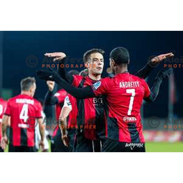 Roger Andretty Murillo Soto and players of Primorje celebrate a goal during Prva liga Telemach 2025/2026 football match between Primorje and Mura in Ajdovscina, Slovenia on November 23 , 2025