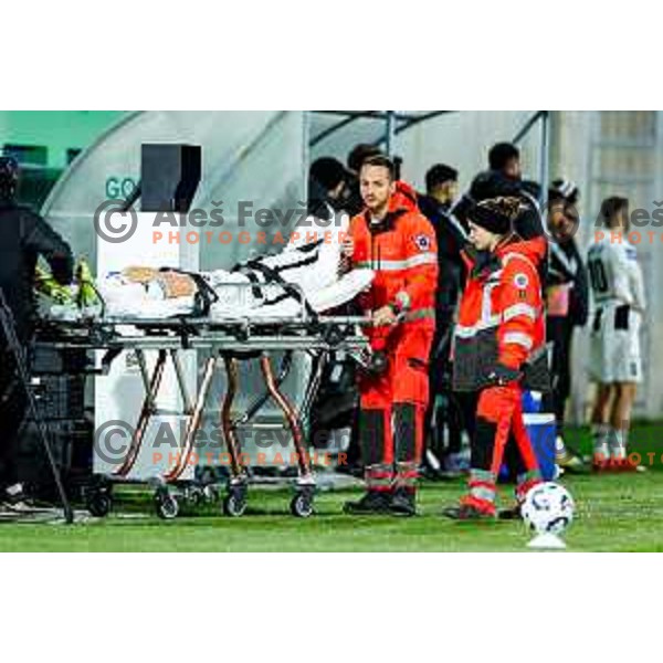 Injured Luka Bobicanec leaves the pitch on a stretcher during Prva liga Telemach 2025/2026 football match between Primorje and Mura in Ajdovscina, Slovenia on November 23 , 2025