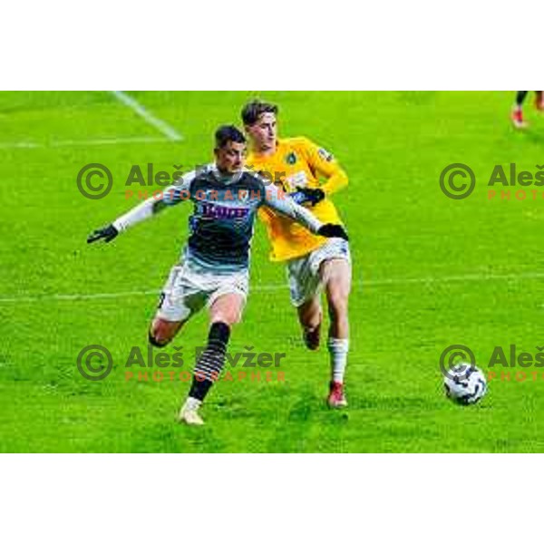 Luka Kusic and Beno Selan in action during Prva liga Telemach 2025/2026 football match between Bravo Big Bang and Kalcer Radomlje in Ljubljana, Slovenia on November 24, 2025