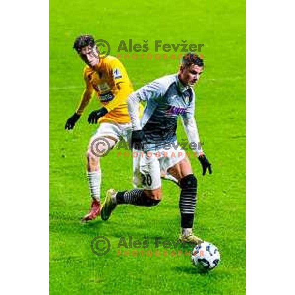 Luka Kusic and Beno Selan in action during Prva liga Telemach 2025/2026 football match between Bravo Big Bang and Kalcer Radomlje in Ljubljana, Slovenia on November 24, 2025