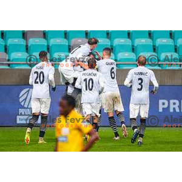 Enej Klampfer, Ognjen Gnjatic and players of Kalcer Radomlje celebrate a goal during Prva liga Telemach 2025/2026 football match between Bravo Big Bang and Kalcer Radomlje in Ljubljana, Slovenia on November 24, 2025