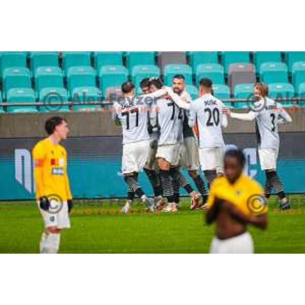 Enej Klampfer, Ognjen Gnjatic and players of Kalcer Radomlje celebrate a goal during Prva liga Telemach 2025/2026 football match between Bravo Big Bang and Kalcer Radomlje in Ljubljana, Slovenia on November 24, 2025