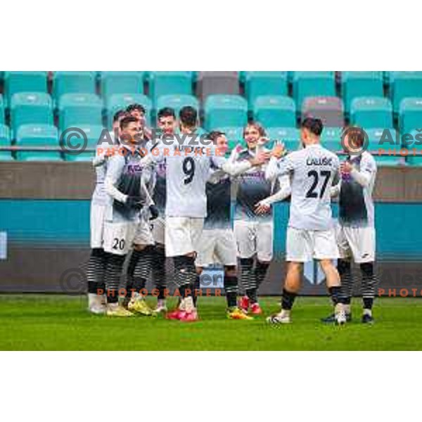 Nino Kukovec, Enej Klampfer and players of Kalcer Radomlje celebrate a goal during Prva liga Telemach 2025/2026 football match between Bravo Big Bang and Kalcer Radomlje in Ljubljana, Slovenia on November 24, 2025