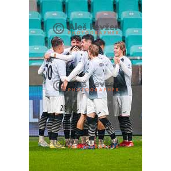 Nino Kukovec, Enej Klampfer and players of Kalcer Radomlje celebrate a goal during Prva liga Telemach 2025/2026 football match between Bravo Big Bang and Kalcer Radomlje in Ljubljana, Slovenia on November 24, 2025