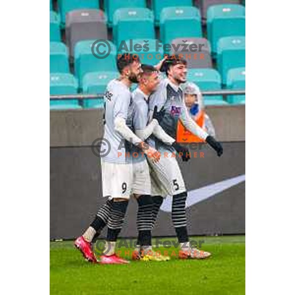 Nino Kukovec, Luka Kusic and Enej Klampfer of Kalcer Radomlje celebrate a goal during Prva liga Telemach 2025/2026 football match between Bravo Big Bang and Kalcer Radomlje in Ljubljana, Slovenia on November 24, 2025