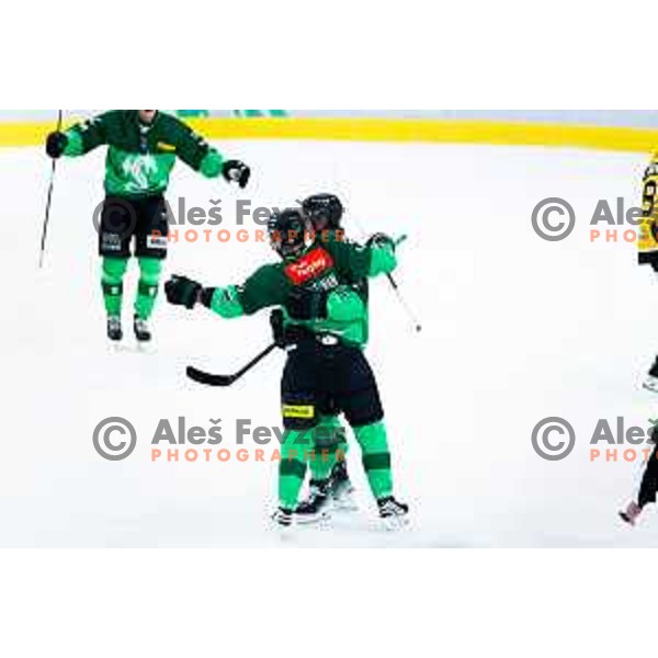 Terrence James Brennan of SZ Olimpija celebrates goal during IceHL 2025/2026 ice hockey match between SZ Olimpija and HC Falkensteiner Pustertal in Tivoli Hall, Ljubljana, Slovenia on November 26, 2025. Photo: Filip Barbalic
