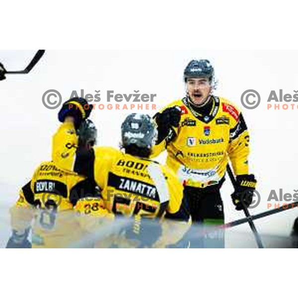 Tommy Purdeller of HC Falkensteiner Pustertal celebrates goal during IceHL 2025/2026 ice hockey match between SZ Olimpija and HC Falkensteiner Pustertal in Tivoli Hall, Ljubljana, Slovenia on November 26, 2025. Photo: Filip Barbalic