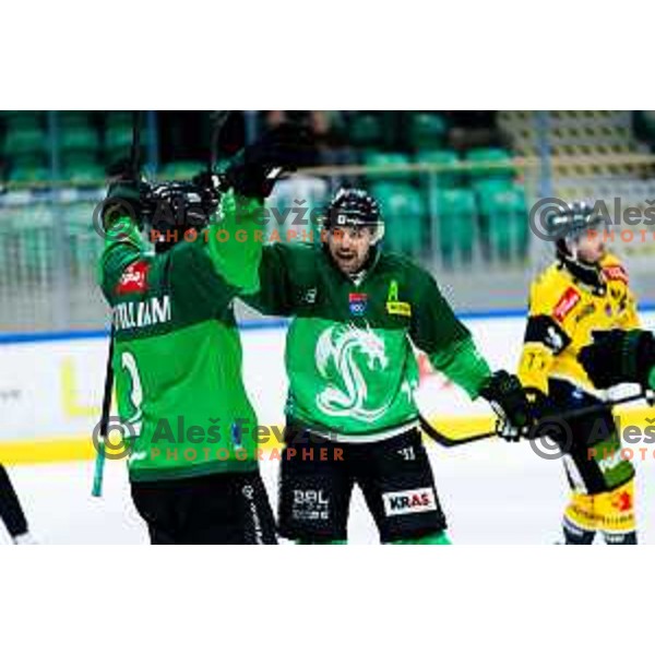 Ziga Pance of SZ Olimpija celebrates goal during IceHL 2025/2026 ice hockey match between SZ Olimpija and HC Falkensteiner Pustertal in Tivoli Hall, Ljubljana, Slovenia on November 26, 2025. Photo: Filip Barbalic