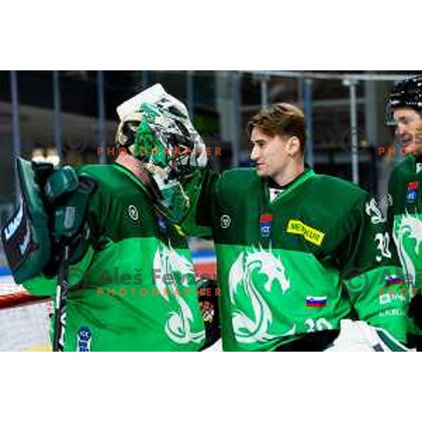 Lukas Horak and Luka Kolin of SZ Olimpija celebrate win in IceHL 2025/2026 ice hockey match between SZ Olimpija and HC Falkensteiner Pustertal in Tivoli Hall, Ljubljana, Slovenia on November 26, 2025. Photo: Filip Barbalic