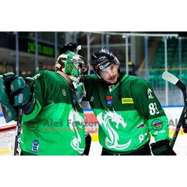 Lukas Horak and Lovro Kumanovic of SZ Olimpija celebrate win in IceHL 2025/2026 ice hockey match between SZ Olimpija and HC Falkensteiner Pustertal in Tivoli Hall, Ljubljana, Slovenia on November 26, 2025. Photo: Filip Barbalic