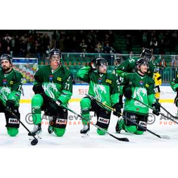 Ziga Mehle, Bine Masic and Jan Cosic of SZ Olimpija celebrate win in IceHL 2025/2026 ice hockey match between SZ Olimpija and HC Falkensteiner Pustertal in Tivoli Hall, Ljubljana, Slovenia on November 26, 2025. Photo: Filip Barbalic