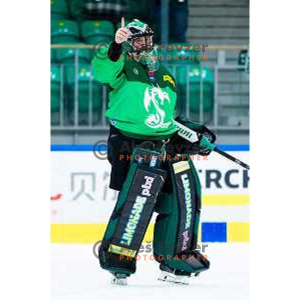 Lukas Horak of SZ Olimpija celebrates win in IceHL 2025/2026 ice hockey match between SZ Olimpija and HC Falkensteiner Pustertal in Tivoli Hall, Ljubljana, Slovenia on November 26, 2025. Photo: Filip Barbalic