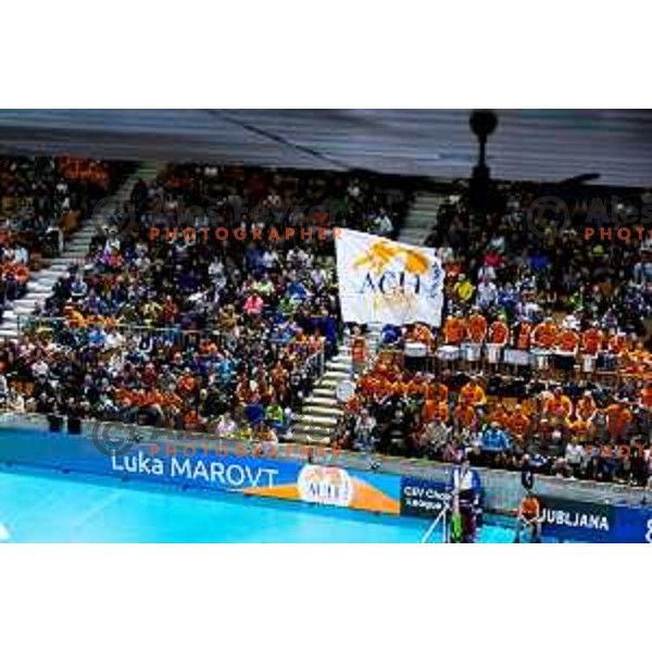 Fans of ACH Volley prior to the CEV Men\'s Champions League 2026 Early Stage volleyball match between ACH Volley (SLO) and Radnicki Kragujevac (SRB) in Tivoli Hall, Ljubljana, Slovenia on November 27, 2025. Photo: Filip Barbalic
