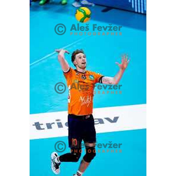 Janz Janez Krzic of ACH Volley in action during CEV Men\'s Champions League 2026 Early Stage volleyball match between ACH Volley (SLO) and Radnicki Kragujevac (SRB) in Tivoli Hall, Ljubljana, Slovenia on November 27, 2025. Photo: Filip Barbalic