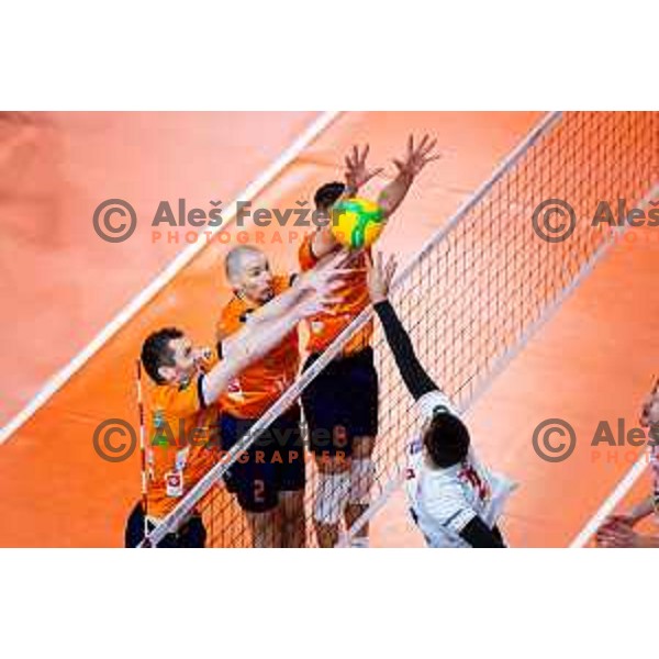 Toncek Stern and Alen Pajenk of ACH Volley in action during CEV Men\'s Champions League 2026 Early Stage volleyball match between ACH Volley (SLO) and Radnicki Kragujevac (SRB) in Tivoli Hall, Ljubljana, Slovenia on November 27, 2025. Photo: Filip Barbalic
