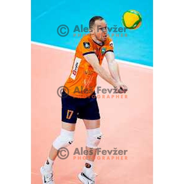Tine Urnaut of ACH Volley in action during CEV Men\'s Champions League 2026 Early Stage volleyball match between ACH Volley (SLO) and Radnicki Kragujevac (SRB) in Tivoli Hall, Ljubljana, Slovenia on November 27, 2025. Photo: Filip Barbalic