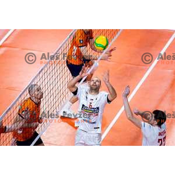Ivan Kostic of Radnicki Kragujevac in action during CEV Men\'s Champions League 2026 Early Stage volleyball match between ACH Volley (SLO) and Radnicki Kragujevac (SRB) in Tivoli Hall, Ljubljana, Slovenia on November 27, 2025. Photo: Filip Barbalic