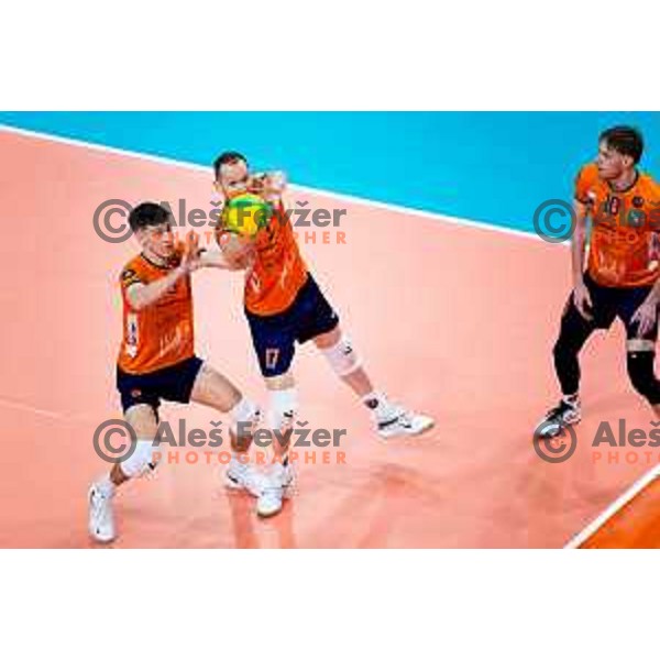 Luka Marovt and Tine Urnaut of ACH Volley in action during CEV Men\'s Champions League 2026 Early Stage volleyball match between ACH Volley (SLO) and Radnicki Kragujevac (SRB) in Tivoli Hall, Ljubljana, Slovenia on November 27, 2025. Photo: Filip Barbalic