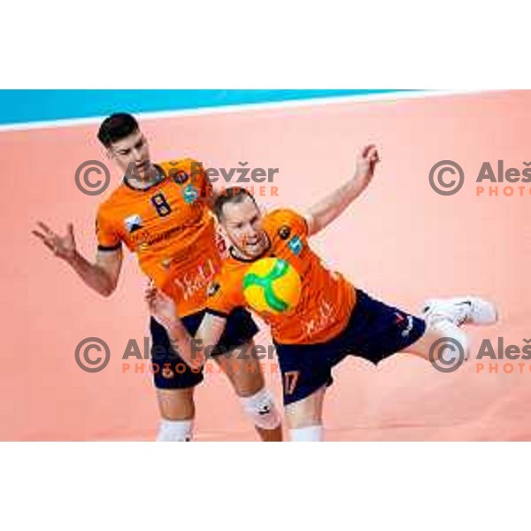 Luka Marovt and Tine Urnaut of ACH Volley in action during CEV Men\'s Champions League 2026 Early Stage volleyball match between ACH Volley (SLO) and Radnicki Kragujevac (SRB) in Tivoli Hall, Ljubljana, Slovenia on November 27, 2025. Photo: Filip Barbalic