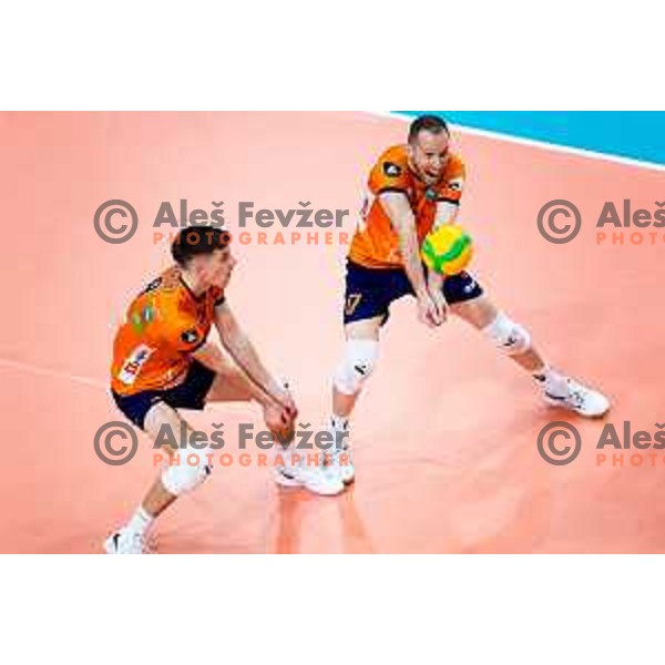 Luka Marovt and Tine Urnaut of ACH Volley in action during CEV Men\'s Champions League 2026 Early Stage volleyball match between ACH Volley (SLO) and Radnicki Kragujevac (SRB) in Tivoli Hall, Ljubljana, Slovenia on November 27, 2025. Photo: Filip Barbalic