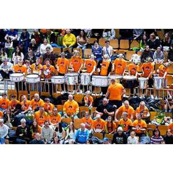 Fans of ACH Volley during CEV Men\'s Champions League 2026 Early Stage volleyball match between ACH Volley (SLO) and Radnicki Kragujevac (SRB) in Tivoli Hall, Ljubljana, Slovenia on November 27, 2025. Photo: Filip Barbalic