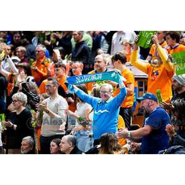 Fans of ACH Volley during CEV Men\'s Champions League 2026 Early Stage volleyball match between ACH Volley (SLO) and Radnicki Kragujevac (SRB) in Tivoli Hall, Ljubljana, Slovenia on November 27, 2025. Photo: Filip Barbalic