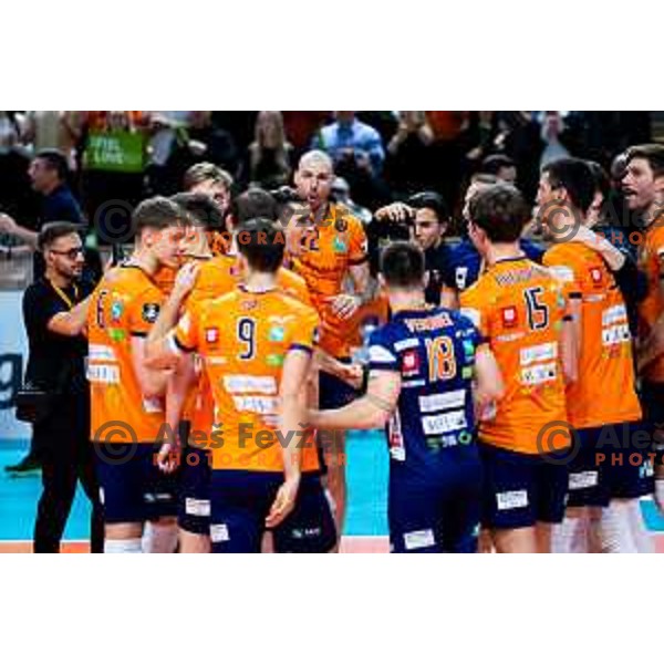 Alen Pajenk and players of ACH Volley celebrate win in CEV Men\'s Champions League 2026 Early Stage volleyball match between ACH Volley (SLO) and Radnicki Kragujevac (SRB) in Tivoli Hall, Ljubljana, Slovenia on November 27, 2025. Photo: Filip Barbalic