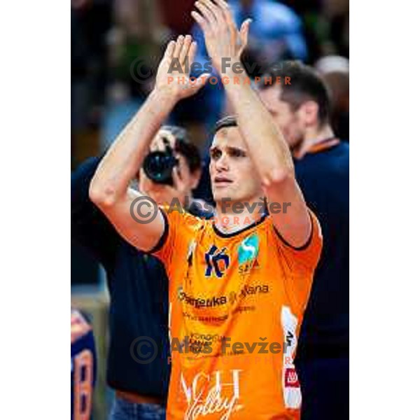 Gregor Ropret of ACH Volley celebrates win in CEV Men\'s Champions League 2026 Early Stage volleyball match between ACH Volley (SLO) and Radnicki Kragujevac (SRB) in Tivoli Hall, Ljubljana, Slovenia on November 27, 2025. Photo: Filip Barbalic