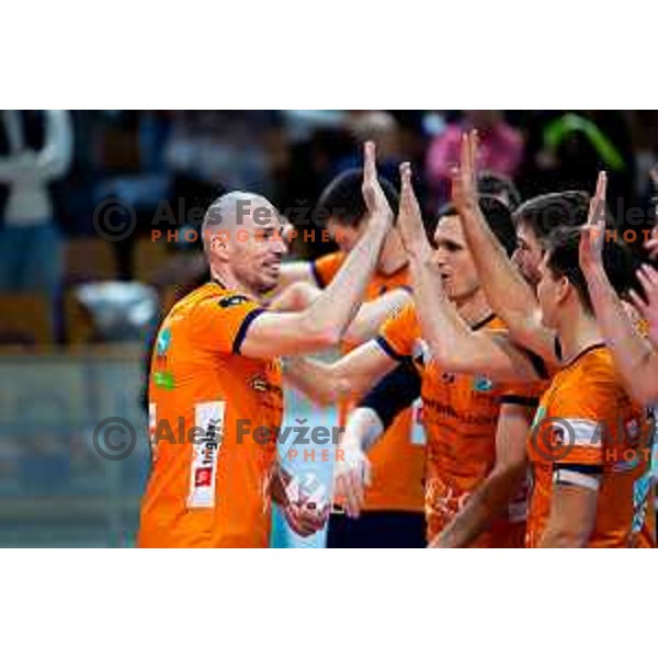 Alen Pajenk of ACH Volley celebrates win in CEV Men\'s Champions League 2026 Early Stage volleyball match between ACH Volley (SLO) and Radnicki Kragujevac (SRB) in Tivoli Hall, Ljubljana, Slovenia on November 27, 2025. Photo: Filip Barbalic