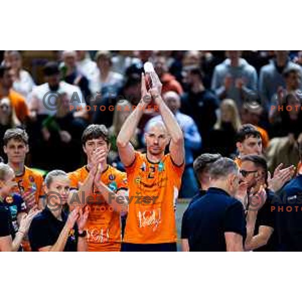 Alen Pajenk of ACH Volley celebrates win in CEV Men\'s Champions League 2026 Early Stage volleyball match between ACH Volley (SLO) and Radnicki Kragujevac (SRB) in Tivoli Hall, Ljubljana, Slovenia on November 27, 2025. Photo: Filip Barbalic