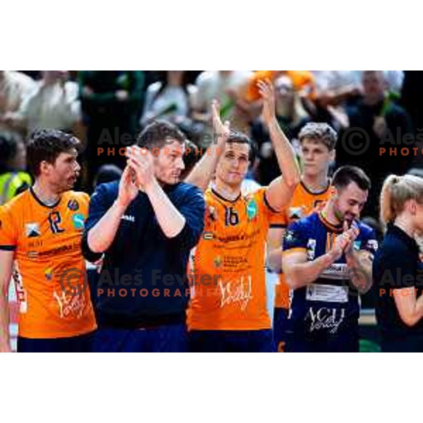 Gregor Ropret of ACH Volley celebrates win in CEV Men\'s Champions League 2026 Early Stage volleyball match between ACH Volley (SLO) and Radnicki Kragujevac (SRB) in Tivoli Hall, Ljubljana, Slovenia on November 27, 2025. Photo: Filip Barbalic