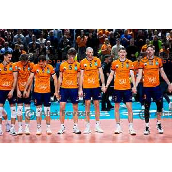 Jaka Prevorcnik, Alen Pajenk, Jost Krzic and players of ACH Volley celebrate win in CEV Men\'s Champions League 2026 Early Stage volleyball match between ACH Volley (SLO) and Radnicki Kragujevac (SRB) in Tivoli Hall, Ljubljana, Slovenia on November 27, 2025. Photo: Filip Barbalic