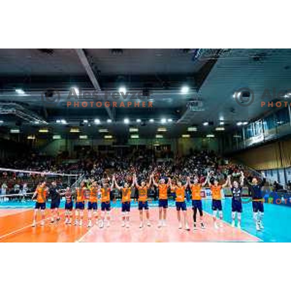 Players of ACH Volley celebrate win in CEV Men\'s Champions League 2026 Early Stage volleyball match between ACH Volley (SLO) and Radnicki Kragujevac (SRB) in Tivoli Hall, Ljubljana, Slovenia on November 27, 2025. Photo: Filip Barbalic
