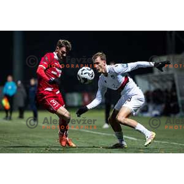 Domen Zajsek vs Mark Strajnar in action during Prva liga Telemach 2025/26 football match between NK Aluminij and NK Primorje in Sportni park Kidricevo, Slovenia on November 28, 2025. Photo: Jure Banfi
