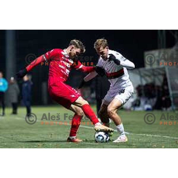 Domen Zajsek vs Mark Strajnar in action during Prva liga Telemach 2025/26 football match between NK Aluminij and NK Primorje in Sportni park Kidricevo, Slovenia on November 28, 2025. Photo: Jure Banfi