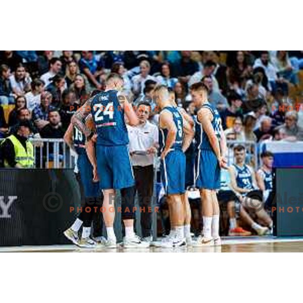 Alen Omic, Aleksander Sekulic, head coach of Slovenia and Ziga Samar, Gregor Glas during FIBA Basketball World Cup 2027 European Qualifiers between Slovenia and Estonia in Bonifika Hall, Koper, Slovenia on November 28, 2025