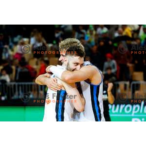 Players and fans of Estonia celebrate victory at FIBA Basketball World Cup 2027 European Qualifiers between Slovenia and Estonia in Bonifika Hall, Koper, Slovenia on November 28, 2025