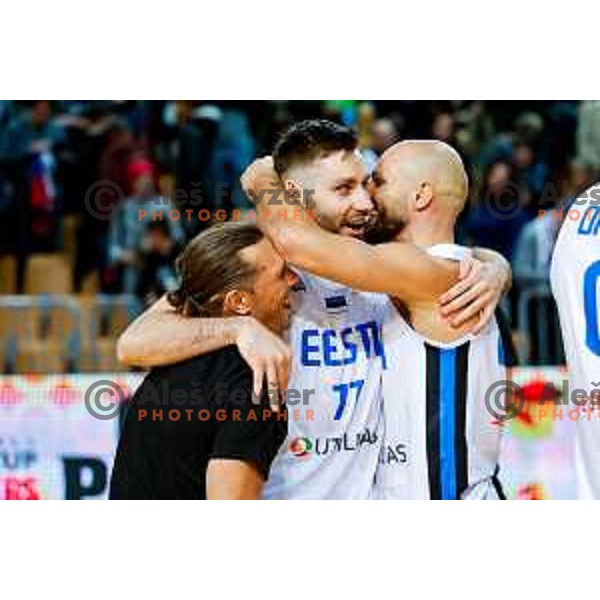Players and fans of Estonia celebrate victory at FIBA Basketball World Cup 2027 European Qualifiers between Slovenia and Estonia in Bonifika Hall, Koper, Slovenia on November 28, 2025