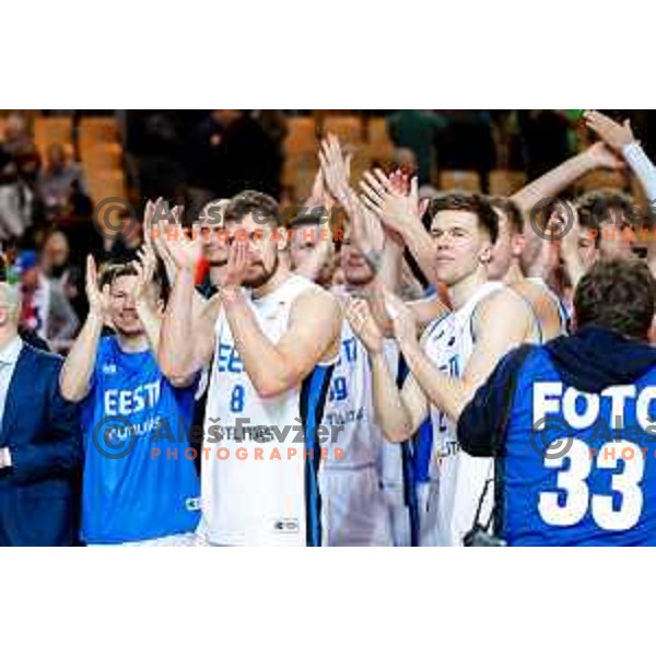 Players and fans of Estonia celebrate victory at FIBA Basketball World Cup 2027 European Qualifiers between Slovenia and Estonia in Bonifika Hall, Koper, Slovenia on November 28, 2025