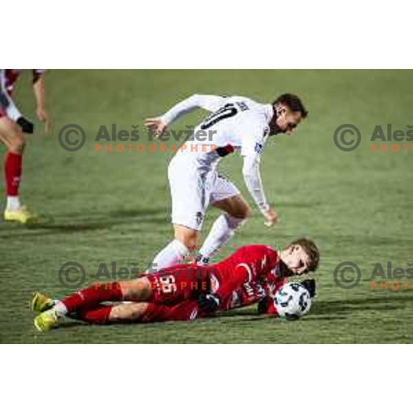 Matic Zavnik vs Marko Simonic in action during Prva liga Telemach 2025/26 football match between NK Aluminij and NK Primorje in Sportni park Kidricevo, Slovenia on November 28, 2025. Photo: Jure Banfi