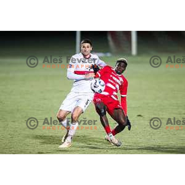 Stefan Melentijevic vs Aondowase Sule Wisdom in action during Prva liga Telemach 2025/26 football match between NK Aluminij and NK Primorje in Sportni park Kidricevo, Slovenia on November 28, 2025. Photo: Jure Banfi